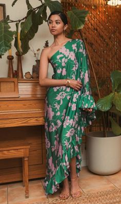 Charmeuse one shoulder green print asymmetrical dress with ruffle. Optical Illusion Dress, Printed Long Dress, Charmeuse Fabric, Long Formal Dress, Full Length Skirts, Guest Attire, Designer Prom Dresses, Prom Designs, Wedding Attire Guest