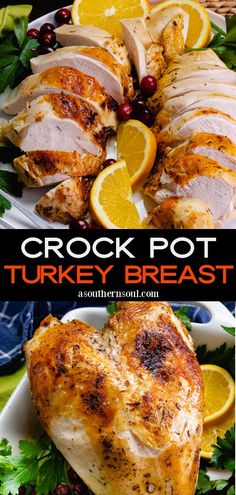 crock pot turkey breast with oranges and garnishes on the side