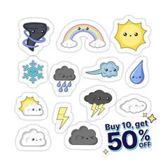 stickers with different weather symbols and clouds on them, including the sun, rain, lightning