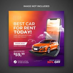 an orange car is parked in front of a purple background with the words best car for rent today