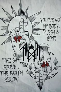 a drawing on the side of a wall that says, you've got my body flesh and bone