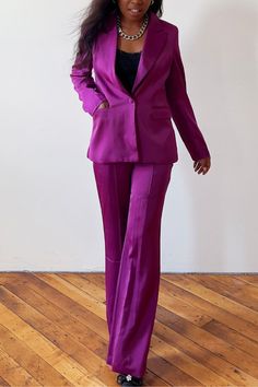 Stand apart in this classy pantsuits for women. Designed for the classy and feminine woman, this elegant purple pantsuit suits offer a perfect blend of sophistication and style. Whether you're attending a classy wedding or looking for an evening out, this pantsuits is tailored to perfection, ensuring you make a memorable impression. Dive into our collection of classy wedding guest outfits and shop for the perfect pantsuit that will make you stand out in any crowd Formal Silk Blazer With Pockets, Tailored Satin Blazer For Semi-formal Occasions, Silk Blazer With Pockets For Formal Occasions, Silk Blazer With Pressed Crease For Office, Silk Office Blazer With Pressed Crease, Silk Suits For Fall Workwear, Silk Suits For Workwear In Fall, Silk Single Button Blazer For Workwear, Tailored Silk Blazer For Work