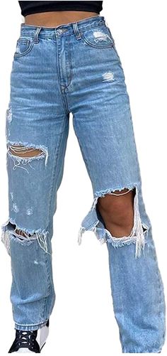 High Waisted Baggy Jeans, Womens Ripped Jeans, Denim Jeans Ripped, Streetwear Mode