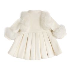 Petite Maison Kids. Ivory color genuine wool coat, fully lined. Gold button closure. Natural fur trim at shoulders and hands. Pleated back design. 100% Wool. Cape sold separately. Luxury Cream Fur Coat With Faux Fur Trim, Baby Girl Coat, Tweed Romper, Baby Fur Coat Nordstrom, Cute Kid Fall Coats & Jackets, Matching Sibling Outfits, Toddler Coats Girl, Luxury Clothing Brands, Baby Coats Girl