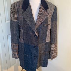 Vintage Woman’s Tweed Jacket/Blazer Classic, Boxy, Masculine Design Made In Greece Fully Lined Never Worn, Front Pockets Are Still Stitched Shut Navy Blue Velvet Color (6600) Winter Workwear Blazer With Patchwork, Patchwork Blazer For Workwear In Fall, Fall Patchwork Outerwear For Office, Vintage Patchwork Blazer For Work, Blue Wool Tweed Jacket For Fall, Fall Blue Blazer With Patchwork, Blue Patchwork Blazer For Fall, Fall Blue Patchwork Blazer, Fall Patchwork Blue Blazer