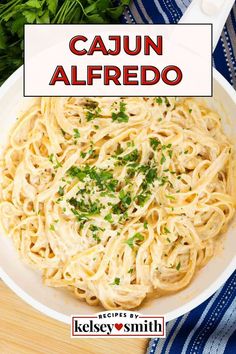 Cajun fettuccine alfredo garnished with fresh parsley.