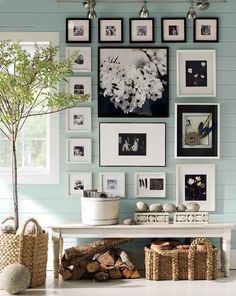 a living room with pictures on the wall and a potted plant next to it