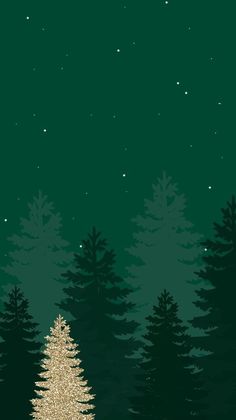 a christmas tree in the middle of a forest at night with stars and snow on the ground