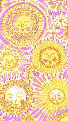 the sun and moon faces are painted in yellow, purple, and pink colors on a white background