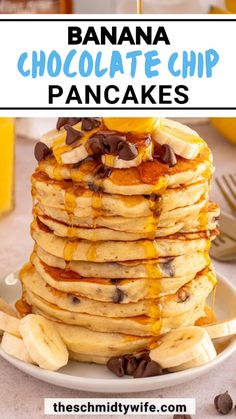 a stack of banana chocolate chip pancakes on a plate