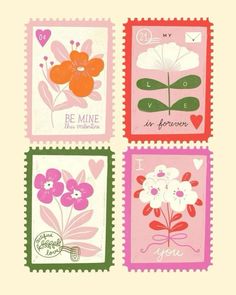 four stamps with flowers and hearts on them