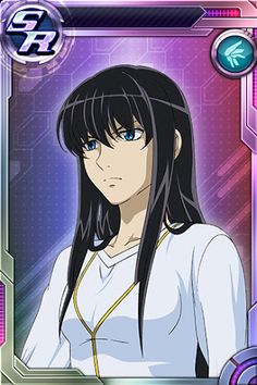 an anime character with long black hair and blue eyes, wearing a white shirt in front of a purple background