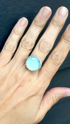 Romantic Elegant Aqua Blue Chalcedony Scallop Bezel Sterling Silver Ring | Blue or Pink Chalcedony M Aqua Stone, Pink Chalcedony, Blue Or Pink, Ring Blue, Blue Chalcedony, Half Dome, Blue Rings, Boho Rings, Fine Silver