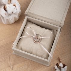 a ring sits in a box next to cotton