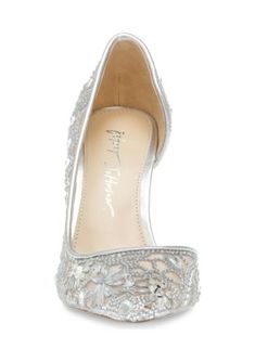 Step out in style in the Chic patterned stone heel by Betsey Johnson! Its pointed-toe and unique chop-out rhinestone design is embellished over sheer nude mesh, providing a classic and sultry look. | Betsey Johnson Chic Pumps, Silver, 8M Chic Pattern, Satin Pumps, Stone Pattern, Shoes Heels Pumps, Rhinestone Designs, The Chic, Betsey Johnson, Pumps Heels, Shoes Heels