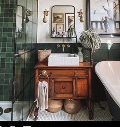 a bathroom with a sink, mirror and bathtub