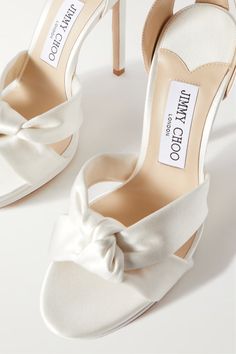 White Rosie 120 satin sandals | JIMMY CHOO | NET-A-PORTER Bridal Heels Sandals, Wedding Shoes With Platform, Custom Wedding Heels, Outfit With White Sandals, Wedding Shoes After Party, Wedding Shoes Bride Heels Open Toe, Timeless Wedding Shoes, Satin Bridal Shoes, Designer Wedding Heels