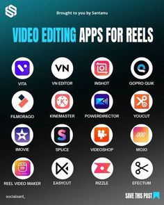 an image of some app icons on a black and white background with the words video editing apps for reels