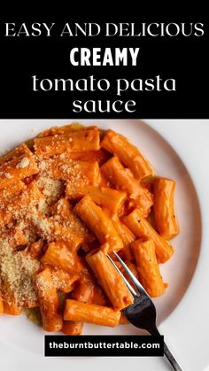 creamy tomato pasta sauce on a white plate with a fork and black text overlay