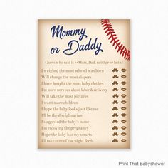 a baseball themed card with the words mommy or daddy