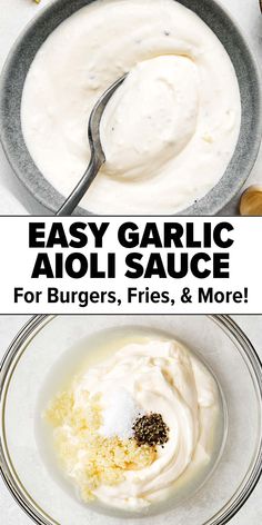 Easy garlic aioli sauce recipe Roasted Potatoes With Aioli, Burger Dipping Sauce, Lemon Garlic Aioli Recipe, Healthy Aioli Recipe, Garlic Aioli Burger, Homemade Sauce For Steak, Hamburger Aioli Sauce, Garlic Fry Sauce, Garlic Aoli Fry Sauce