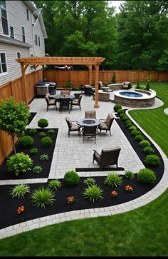 an outdoor patio with chairs and tables next to a swimming pool in the middle of a yard