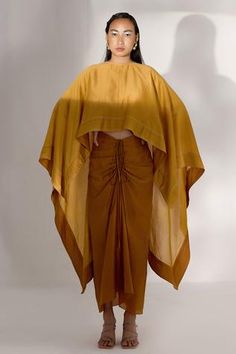 Shop for Twinkle Hanspal Yellow Silk Cape And Draped Skirt Set for Women Online at Aza Fashions Cape Outfit, Silk Cape, Cape Fashion, Cape Tops, Cape Designs, Cape Style, Plain Colour, Yellow Silk, Draped Skirt