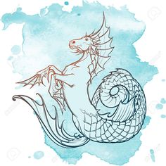 a watercolor drawing of a dragon on a blue background stock photo - 957982