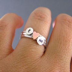 Custom Initial Sweetheart Stack Rings Sterling by LittleGreenRoom, $45.00 Personalized Pink Ring For Birthday, Personalized Pink Birthday Ring, Cute Heart Ring For Valentine's Day Anniversary, Personalized Pink Heart Ring, Cute Anniversary Jewelry For Valentine's Day, Cute Heart-shaped Jewelry For Anniversary, Cute Heart Shaped Jewelry For Anniversary, Cute Heart-shaped Rings For Valentine's Day, Cute Rings For Valentine's Day Anniversary