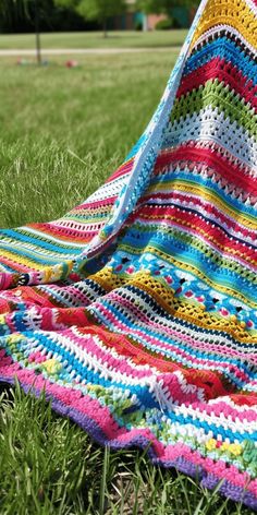 a multicolored crocheted blanket laying in the grass