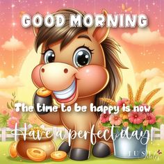 a cartoon horse with flowers and a potted plant in front of the words good morning