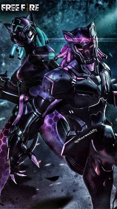 an image of a woman in purple and black armor with her arm around another woman's back