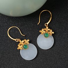 Drop Earrings-Natural Hetian jade earrings for women round ancient gold craft flowers elegant dreamy high-end sense Eardrop new in jewelry Style: Cute/Romantic Shape\pattern: Round Occasion: Wedding Model Number: EH281 Metal Material: Silver plating Main Stone: Chalcedony Item Weight: 0.01 Gender: Women Fine or Fashion: Fine Earring Type: Drop Earrings Certificate Type: Third Party Appraisal Certificate Number: 3256804938660002 Gold Jade Wedding Earrings, Round Jade Earrings For Wedding, Jade Round Earrings For Wedding, Elegant Round Jade Earrings For Weddings, Chinese Music, Chinese Dance, Chinese Traditional Costume, Craft Flowers, Hetian Jade