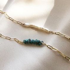 "V I V E Vive is the Latin word for live // 14k gold-filled chain bracelet with either freshwater pearl or turquoise. Perfect on its own or stacked! Both styles have matching necklaces! Check out the ALEXANDRA and UDINA necklaces~ great for gifting. Sized by circumference: Extra Small: 6\" Small: 6.5\" Medium: 7\" Large: 7.5\" Extra Large: 8\" *This bracelet comes with a 0.5\" extender chain which is not included in these measurements. We suggest you measure for this bracelet by wrapping a measu Minimalist Turquoise Bracelet For Everyday, Minimalist Turquoise Bracelets For Everyday, Everyday Beaded Bracelets With Lobster Clasp, Everyday Minimalist Pearl Bracelet With Extender, Latin Word, Small Bracelets, Freshwater Pearl Bracelet, Pearl Chain, Matching Necklaces