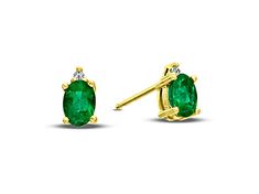 These stunning emerald and diamond earrings are available in 14k Gold. The diamonds have a total carat weight of 0.02 carats. Yellow Gold Oval Diamond Earrings With Gemstone, Emerald Yellow Gold Diamond Earrings Fine Jewelry, Emerald Yellow Gold Diamond Earrings, Oval Diamond Earrings With 14k Gold Accents, Oval 14k Gold Diamond Earrings With Accents, Formal Yellow Gold Diamond And Emerald Earrings, Classic Green Diamond Earrings With Accents, Yellow Gold Emerald Diamond Earrings, Yellow Gold Diamond Earrings With Emerald