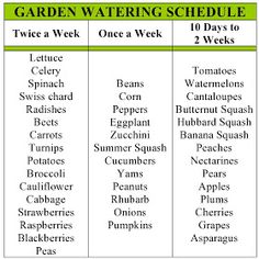 the garden watering schedule is shown in green and black, with two days to each month