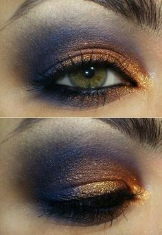 Blue And Copper Eye Makeup, Copper Eyeshadow Blue Eyes, Copper And Blue Makeup, Navy And Gold Makeup, Celestial Eye Makeup, Navy Blue And Gold Makeup, Copper Eyeshadow Looks, Celestial Makeup Looks, Blue And Gold Eye Makeup