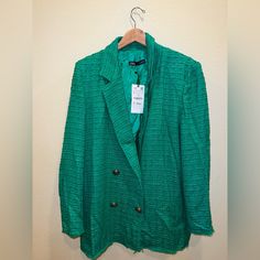 Nwt Never Worn Very Oversized Green Formal Outerwear For Spring, Elegant Green Spring Outerwear, Zara Green Long-sleeve Blazer, Zara Green Long Sleeve Blazer, Zara Double-breasted Party Outerwear, Elegant Green Zara Outerwear, Zara Green Formal Outerwear, Zara Tweed Jacket, Zara Cape