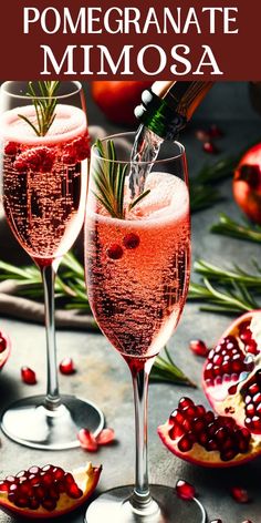 pomegranate mimosa with rosemary garnish in two wine glasses