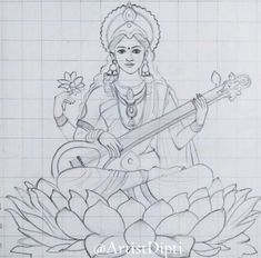 Beautiful God Drawing, Mata Saraswati Painting, Saraswati Painting Art Sketch, Sarswati Maa Drawing Easy, Saraswati Goddess Paintings Sketch, Saraswati Goddess Drawing, Goddess Saraswati Drawing, Saraswati Mandala Art, Saraswati Drawing Easy