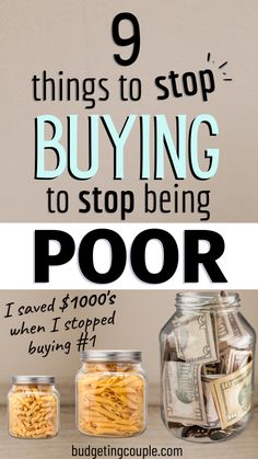 a jar full of money with the words, 43 hacks to live on one income and never be poor