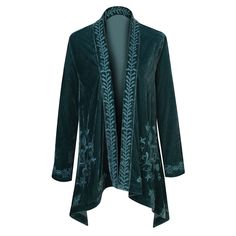 This stunning velvet cardigan is so versatile, it can go from errands to evening in the same day. Gorgeous floral embroidery tumbles down the open front and continues around the bottom hem and sleeves. It adds the perfect layer of stylish warmth. The sharkbite hem falls about halfway down the thigh. The elegant polyester/spandex velvet is dry clean only. Imported. Women's M, L, XL, 1X, 2X, or 3X. Specify Blush, Teal, Raspberry, Purple, or Gray. Velvet Suit Jacket, Hippie Jacket, Velvet Cardigan, Eclectic Clothing, Velvet Cape, Embroidered Kimono, Boho Cardigan, Velvet Kimono, Embroidered Velvet