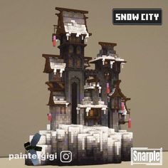 an animated image of a castle made out of paper machs and plastic bottles with snow city on top