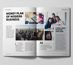 an open magazine with images of people in the city and text that reads money plan of modern business