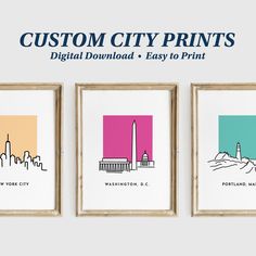 three framed art prints with the washington dc skyline in pink, blue and yellow on them