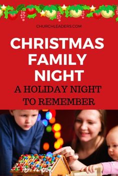 the christmas family night flyer with two children and an adult holding a gingerbread house