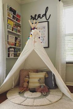 Room Updates: Kate & Emily Bedroom Reading Corner Kids, Baby Room Reading Corner, Reading Corner Baby Room, Teepee Reading Nook, Girls Bedroom Reading Corner, Kids Reading Nook Corner, Reading Nook Playroom, Toddler Bedroom Reading Corner, Toddler Reading Corner Boys