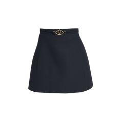 Valentino Garavani solid crepe couture skirt with a V logo hardware belt Mini length A-line silhouette Side slip pockets Back zip Virgin wool/silk Made in Italy Elegant Mini Skirt With Belt, Elegant Mini Skirt With Belt Detail, Elegant Mini Skirt With Belt For Work, Elegant Mini Skirt With Belt Loops For Party, Elegant Fitted Skort With Belt Loops, Chic Denim Skirt With Belt Loops, Chic Belted Skirt, Chic Mini Skirt With Belt Detail For Work, Elegant Mini Skirt With Belt Loops For Work