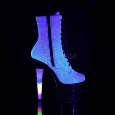 Hella majestic! The UNICORN boasts magical sparkles, pastel tones, and mystical ombre glitter unicorn heel. Iridescent (Purple/Blue) Glitter Bootie Lace-up front Side zip 7" Heel 3 1/4" Platform Vegan US Women's Sizes - refer to size chart for more info 7 Inch Heels, Alternative Shoes, Single Sole Heels, Festival Shoes, Dance Heels, Punk Boots, Pleaser Shoes, High Ankle Boots, Closed Toe Shoes