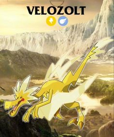 an image of a yellow and white dragon in front of mountains with the words velozolt on it